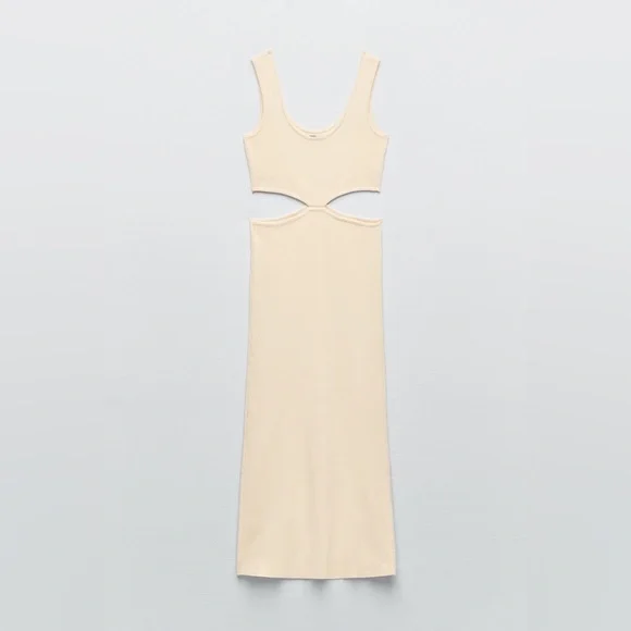 Zara dress midi fitted cream tan ribbed knit cut out midi - Picture 6 of 8